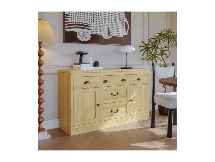 ADWOLT Buffet bahut Bois Buffet de salon avec 2 portes et 5 Tiroirs Poignées métalliques vintage 135x40x80cm