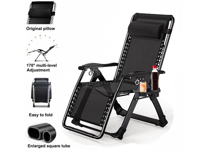 Chaise longue portable, chaise longue de camping, patio, jardin, chaise longue d'extérieur avec porte-gobelets, plateaux, oreiller réglable, chaise longue de jardin