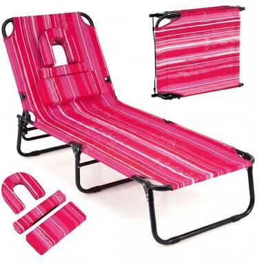 Costway Folding Face Down Tanning Chair with Face Hole 3 Removable Pillows-Pink Stripe