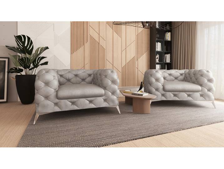 S-Style Möbel Valentin - Chesterfield Sessel mit Silber Metall Füßen - Grau
