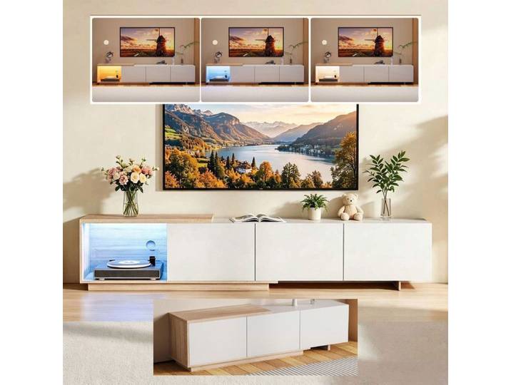 Meuble TV Extensible avec LED UTTQEW Armoire de Télévision Scandinave avec 3 Tiroirs et Rangement Ouvert Banc TV Blanc 240x38x44 cm