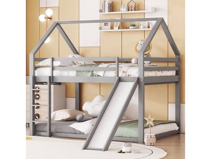 Moimhear Doppelbett Kinderbett 140x200cm, Hausbett Etagenbett mit Rutsche und Leiter, Kinderzimmer Hoch-Doppel-Stockbett (Grau)