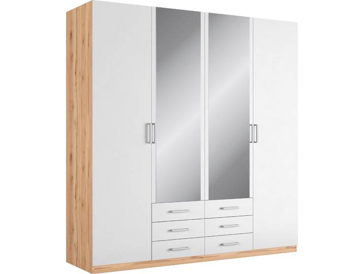Kleiderschrank, Holzwerkstoff, Astkernbuche/Weiß, 185×193×56 cm, Mit LED-Beleuchtung & Schubkästen, Modern, Priess