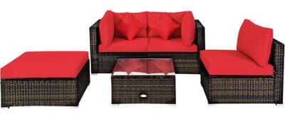 Costway 5 Pcs Outdoor Patio Rattan Furniture Set Sectional Conversation with Navy Cushions-Red