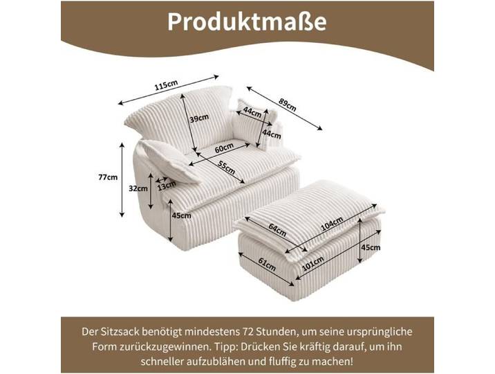 VUENOR Fauteuil canapé compressé 1 place avec pouf beige sans montage petits espaces