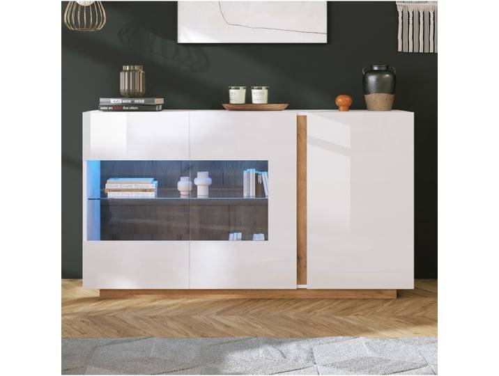 HOMVRA buffet haut 138 x 38 x 90 5 cm blanc brillant avec 3 portes verre trempé et LED RGB Bluetooth