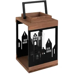 ECD Germany Holzlaterne 22 cm, Gartenlaterne aus Naturholz, Metall & Glas mit Stadt-Motiv, Windlicht Deko-Laterne mit Kerzenhalter & Henkel,