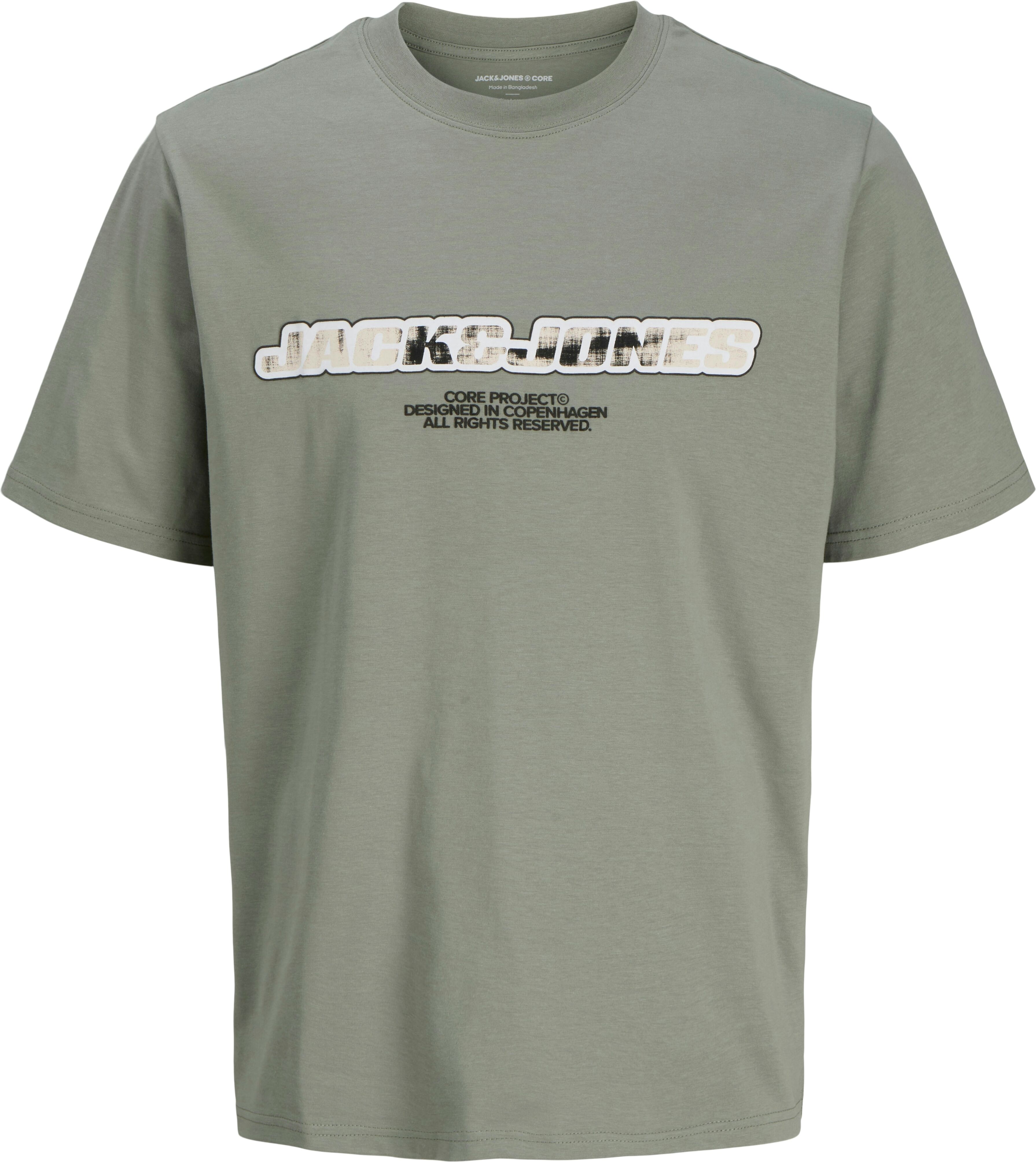 T-Shirt JACK & JONES "JCOLIDO AOP FRONT PRINT TEE SS CREW NECK", Herren, Gr. S, schwarz (shadow), Jersey, Obermaterial: 100% Baumwolle, bedruckt, regular fit taillenbedeckt, Rundhals, gerader Abschluss, Shirts T-Shirt, mit Frontprint shadow S