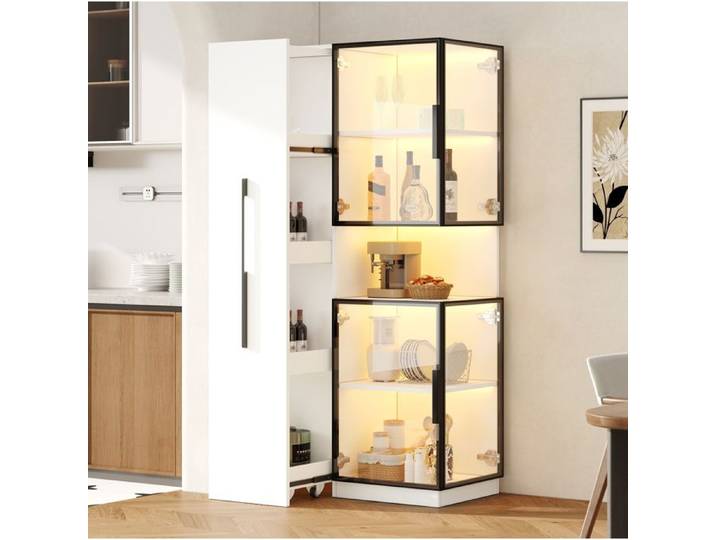 Vitrine En MDF Et Verre Blanche Vitrine LED Moderne FloraGrace Pour Salon Avec Rangement Coulissant 70x38x160cm