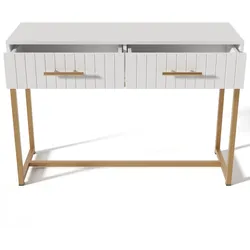 MODFU Schminktisch Spanplatte Weiß 100x45x75 cm mit 2 Schubladen, Metallfuß und verstellbaren Füßen