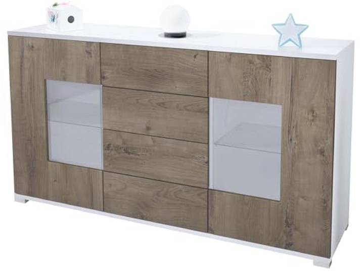 Vladon Sideboard Grömitz V1, Kommode mit 2 großen Türen und 4 Schubladen, Weiß matt/Eiche Ribbeck (138,5 x 75,5 x 35)