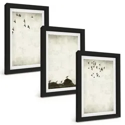 BILDER SET 3er Set - 20x30 cm Schwarzer Rahmen - Fliegende Vögel Minimalismus