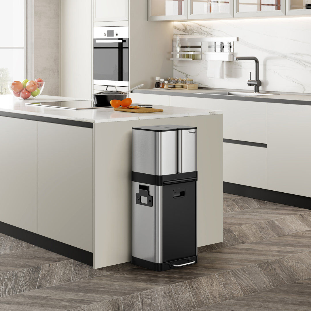 Vonhaus Vertical Bins Stainless Steel Step On and Odour Seal Multi-Compartment Rubbish & Recycling Bin Stainless Steel 32L