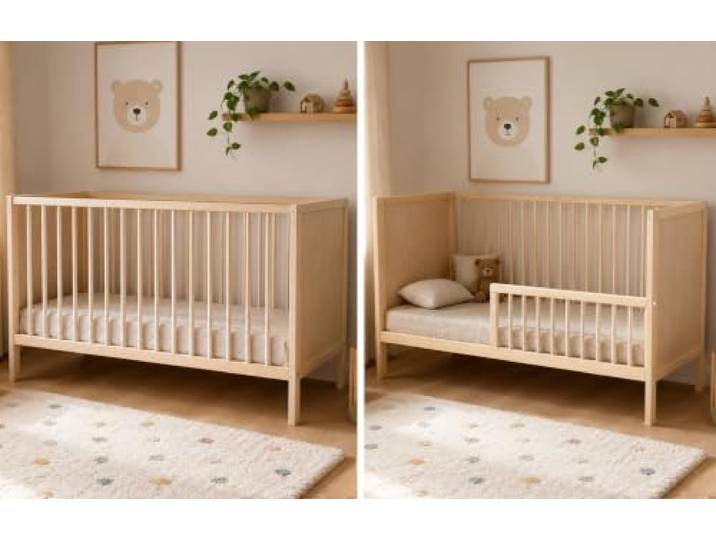 Kids Collective Babybett Kinderbett Beistellbett Modulares Gitterbett Lattenrost 3-Fach höhenverstellbar & abnehmbare Sprossen Baby Bett Holz Kinderzimmer 120x60 cm Natur