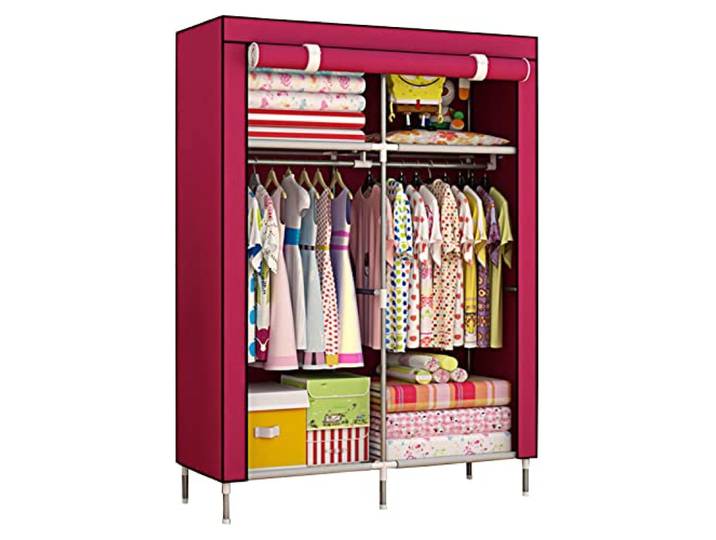 Tragbarer Kleiderschrank aus Segeltuch, Stoff-Kleiderschrank mit Kleiderstange, Regalen, Kleiderschrank, Aufbewahrungsorganisator für Schlafzimmer, Wohnzimmer, Rot-90 x 46 x 168 cm