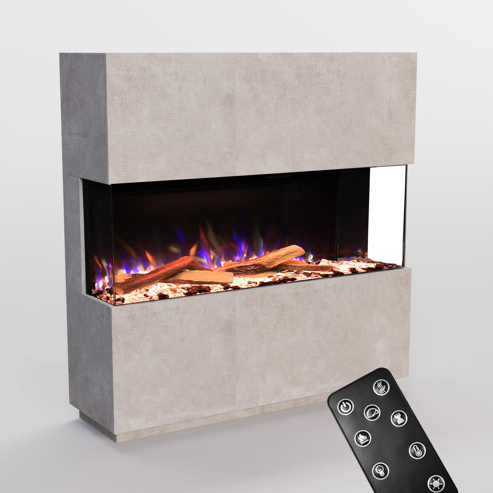 Glow Fire Elektrokamin 'PR16' in Beton | LED Standkamin in Beton mit Heizung (1500 W) | HxBxT: 130x131x40cm