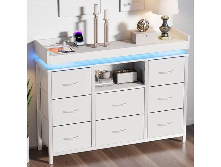 Buffet haut - URBANLUXE - 108x30x82 cm - 8 tiroirs - Éclairage LED & USB - Métal/Blanc