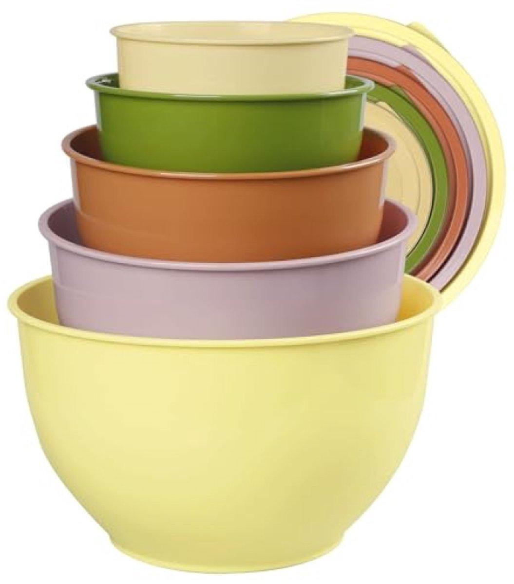 PromoHome 5-delige stapelbare mengkommen set met deksels, olijfgroen, diameter: 25,90 cm