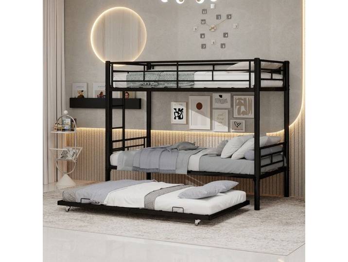 NuvlaGu - Lit superposé métallique 3 places 90x190cm avec barrières de sécurité et échelle idéal pour les familles nombreuses Noir