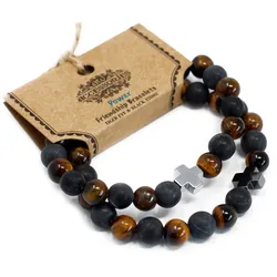 Set of 2 Gemstones Friendship Bracelets - Power - Tiger Eye & Black Stone