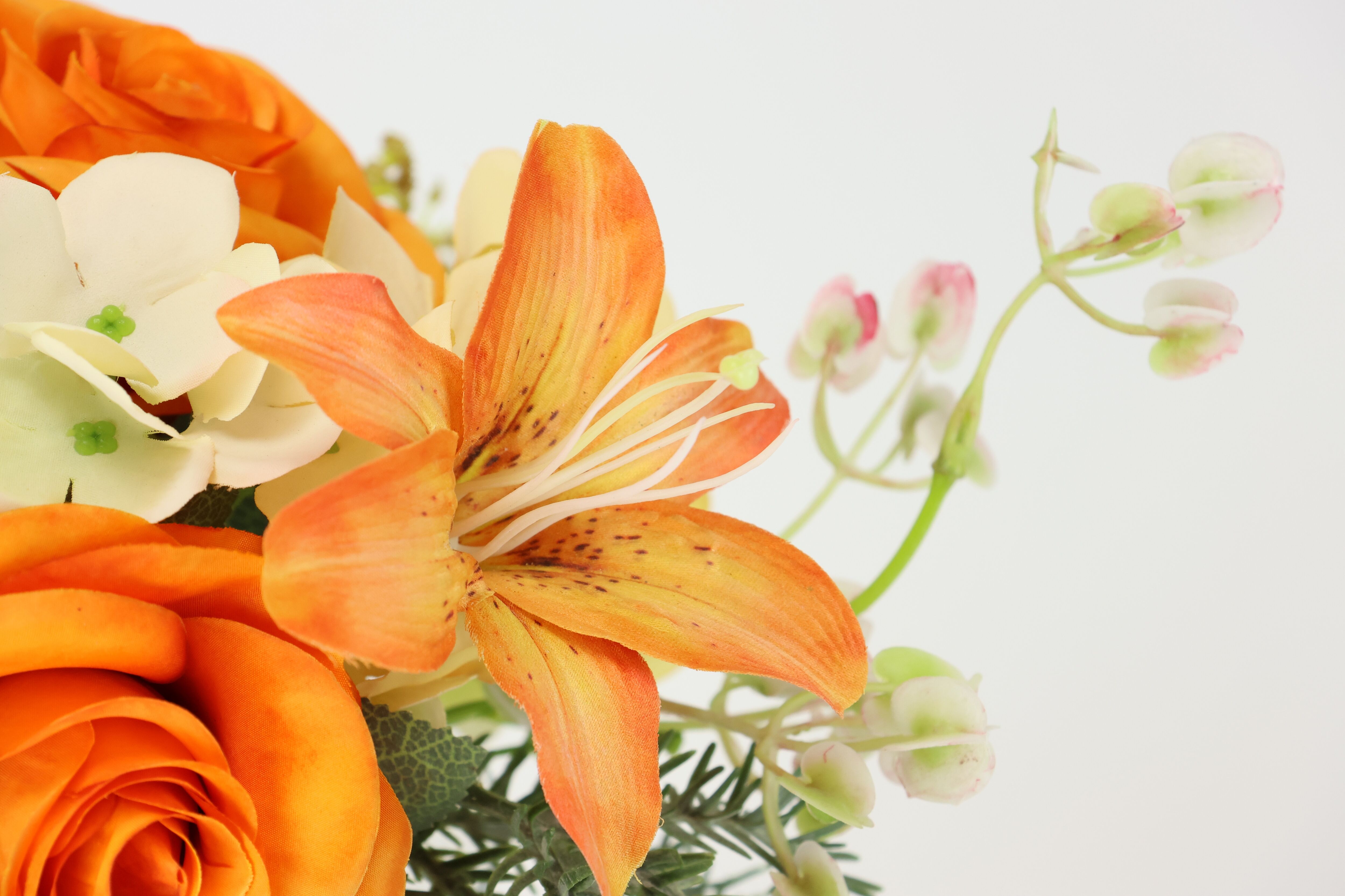 Kunstblume I.GE.A. "Kunstblumen-Strauß Rosen Lilien Hortensie", orange, B:18cm H:35cm L:17cm, Polyester, Kunstpflanzen, Kunstblume, Blumenstrauß Bouquet Blume Grabschmuck Aufleger Grabdeko