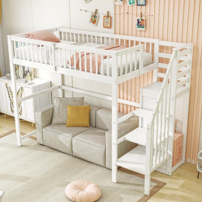 Hochbett 90x200cm mit Treppe, weißes Kinderbett aus Holz mit Aufbewahrungsregal und Kleiderschrank für kleine Räume