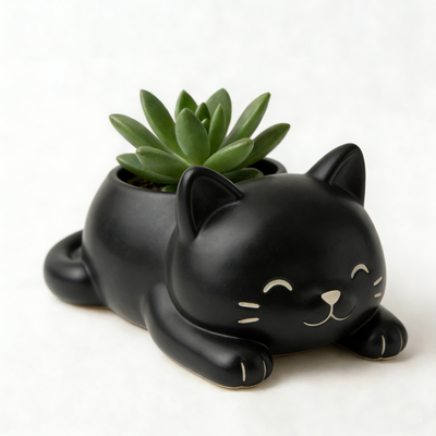 ModernMart Cute Lying Cat Succulent Planter Pot For Home Decor black