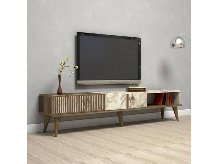 Dmora - Fernsehschrank Aquila, Ständer für Wohnzimmerfernseher, Niedriges Wohnzimmer-Sideboard, TV-Ständerbasis, 180x35h40 cm, Walnuss und Weiß