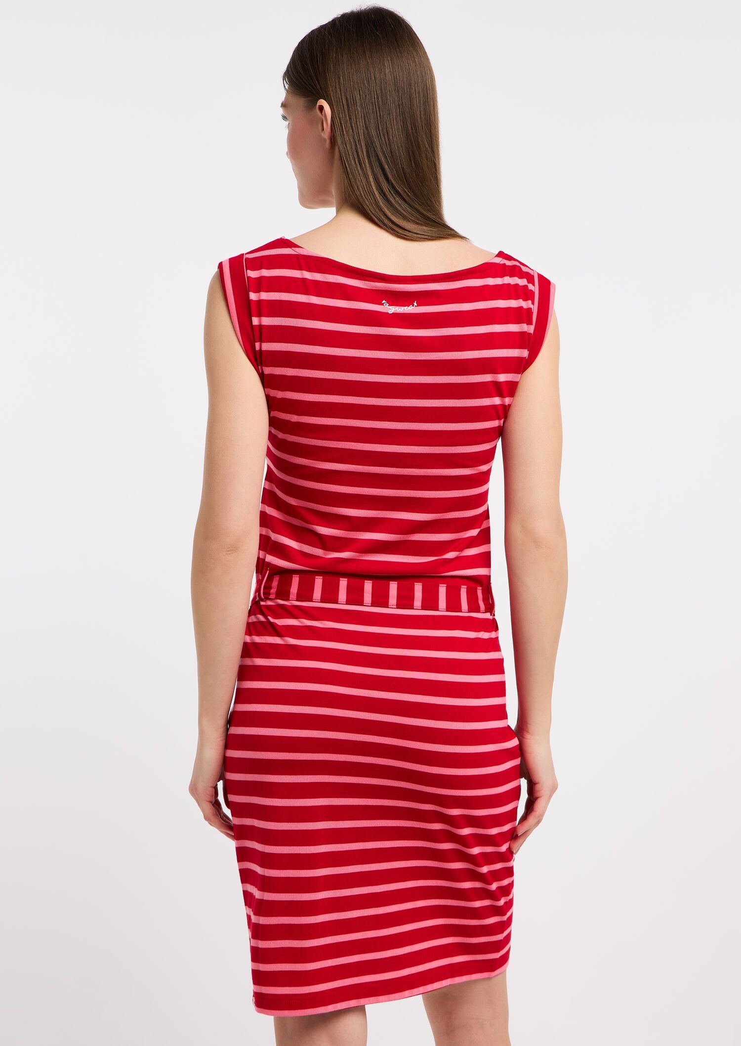 Minikleid RAGWEAR "TAGG STRIPES", Damen, Gr. XS, N-Gr, Kurzarm, Jersey, rot, Jersey, Obermaterial: 50% Polyester, 50% Viskose, gestreift, kniefrei, Rundhals, Kleider Minikleid, Fliessende Viskosemischung mit Streifen und Bindeband rot XS, N-Gr, Kurzarm, J