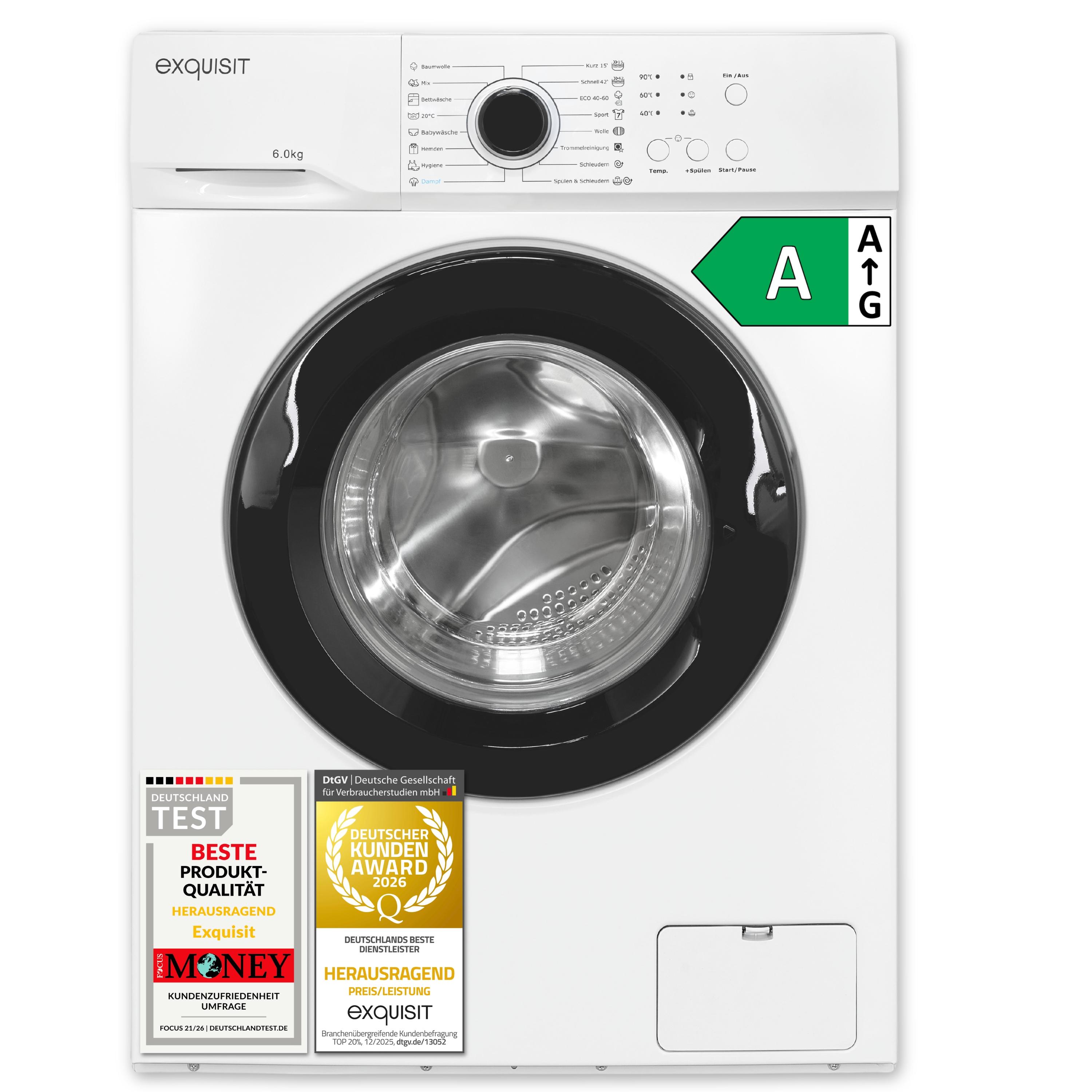 Exquisit Waschmaschine 6 kg | schmal 42 cm | Energieklasse A | 1000 U/Min | 16 Programme | WA6110-021A weiss | Weiß