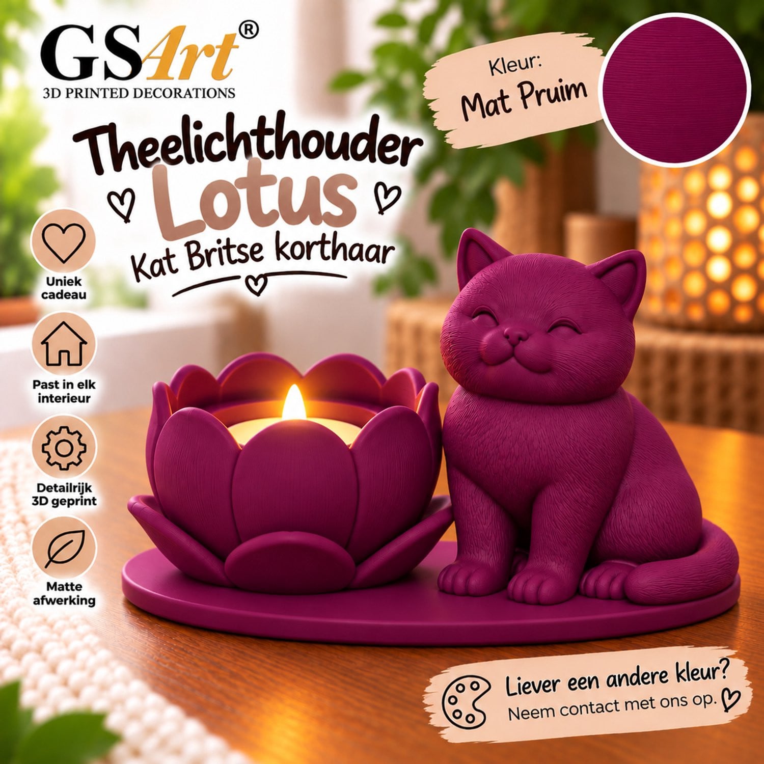 GSArt Theelichthouder Lotus Britse Korthaar Kat LED Mat Pruim