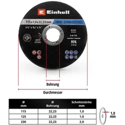 Einhell, Sägeblatt, Trennscheiben, 711527, 115x1,0 mm, 100 Stück