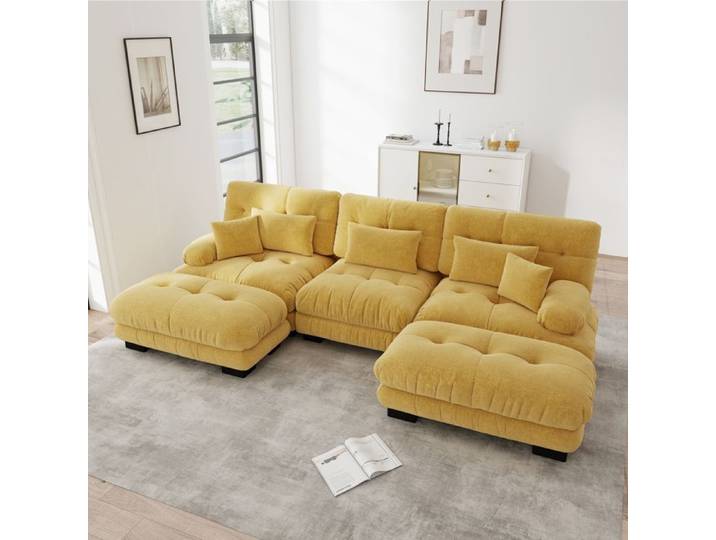 LPOSPI Canapé modulaire 6 places assise profonde avec ottomans mobiles - LPOSPI - dossier rembourré chenille vintage jaune