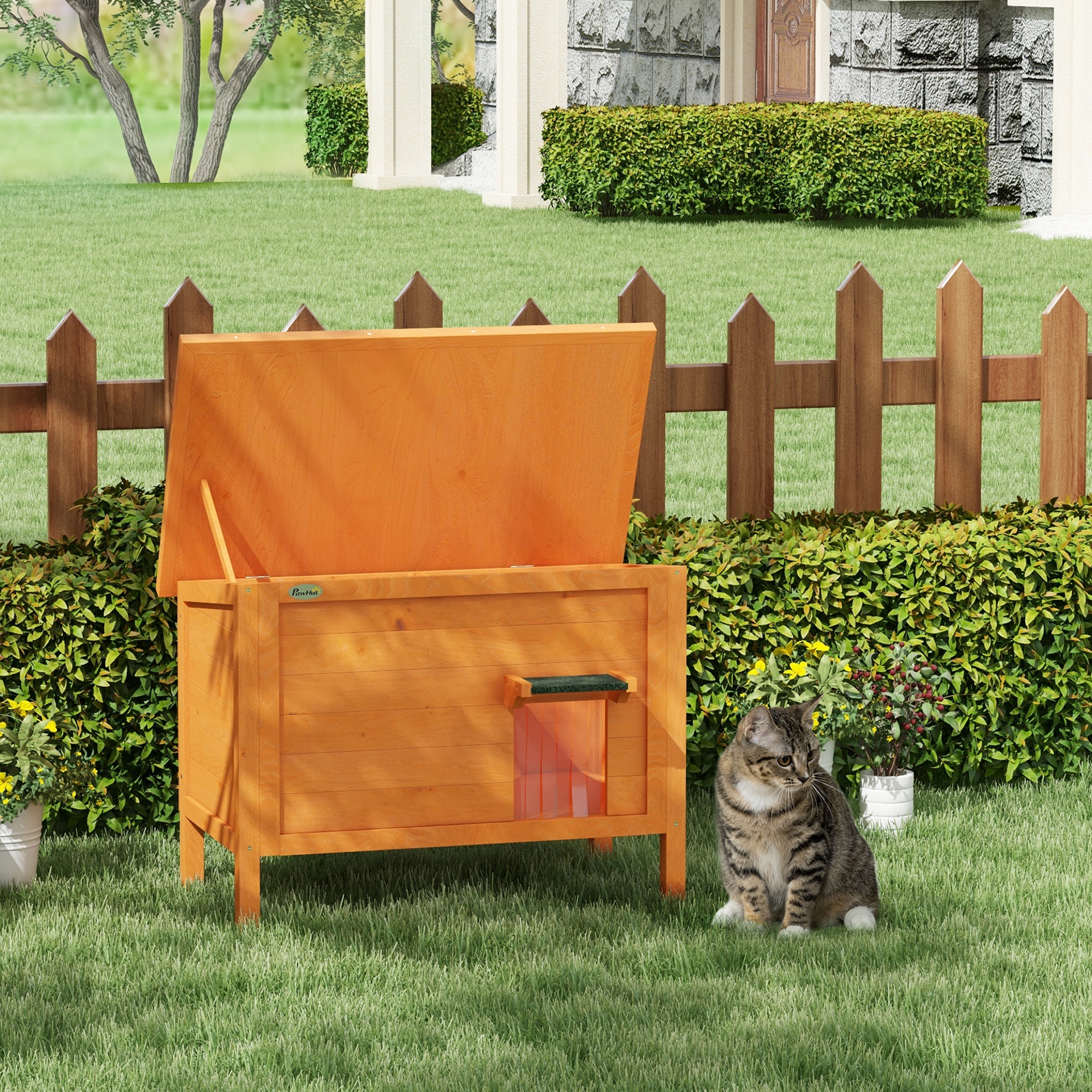 Pawhut Casa per Gatti all'Aperto Casa per Gatti Tana, resistente alle intemperie, 1 Finestra, 1 Ingresso, 85 x 50 x 68,5 cm, Arancione+Verde