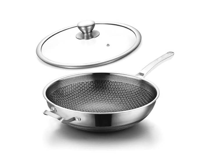 Toutrop Wok-Pfanne, Hybrid-Antihaftbeschichtung, 35,6 cm, Wok mit Deckel, Induktion, antihaftbeschichtet, Edelstahl, große tiefe Woks und Bratpfannen, kühlbleibende Griffpfannen, PFOA-freies
