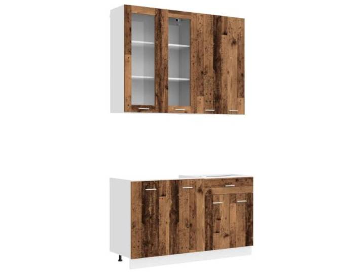 Makastle Küchenschrank-Set 4-teilig, Altholz-Optik, Holzwerkstoff, Wandmontage, mit Glastür