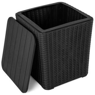 Costway Outdoor Resin Storage Side Table with Removable Lid and Wicker-woven Accent-Black