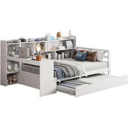 Schlafsofa 90x200 cm aus Massivholz mit ausziehbarem Bett, Schreibtisch, Regalen, Schubladen und Steckdose – vielseitiges Möbelstück Weiß