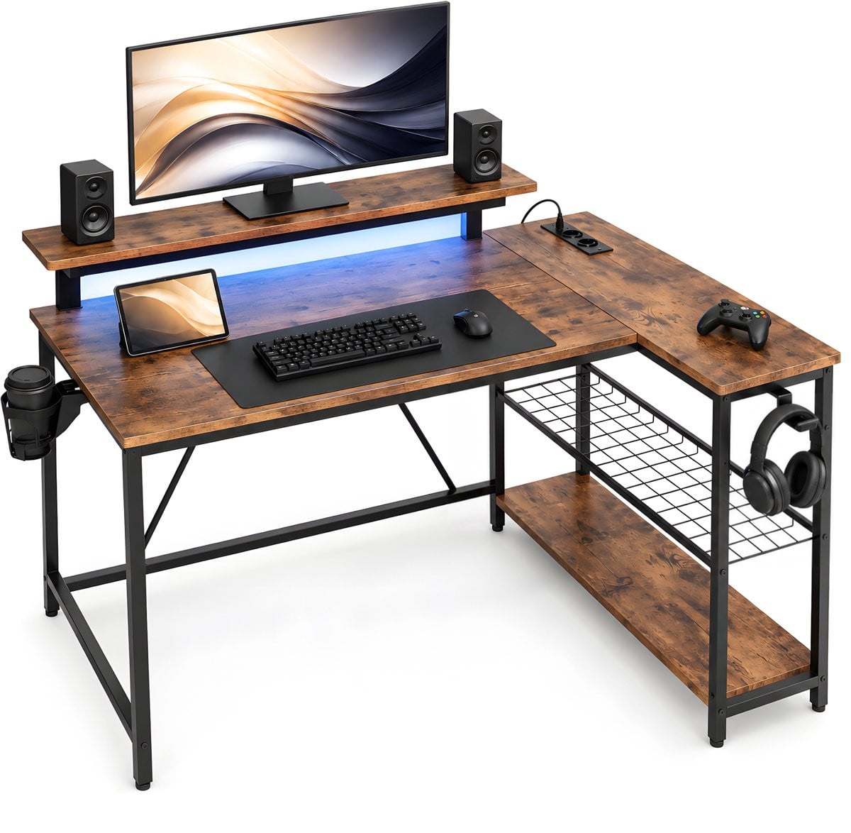 Five Stars L-Vormig Gaming Bureau met LED Verlichting in Rustieke Houtlook - B/D/H: 107 x 80 x 76 cm