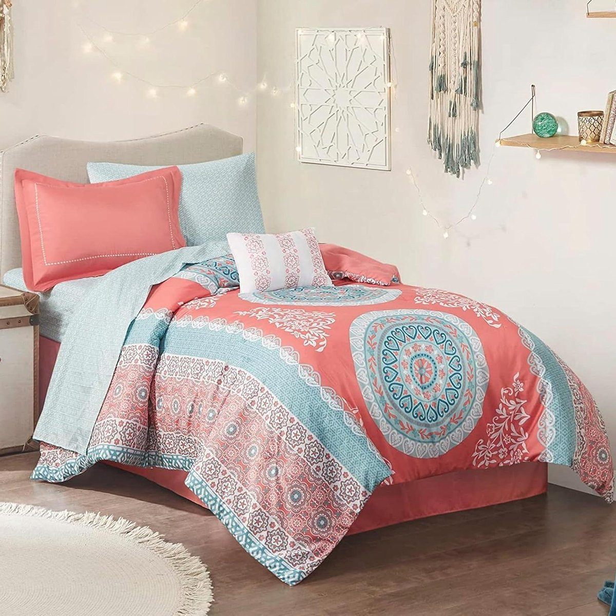 Beddengoed Set met Bohemian Medallion Patroon in Koraal, Twin XL