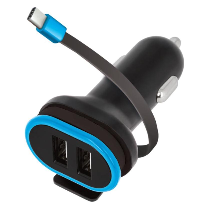 Forever CC-02 Autoladegerät 2x USB 3A schwarz mit USB-C Kabel 0,2 m (GSM034043)