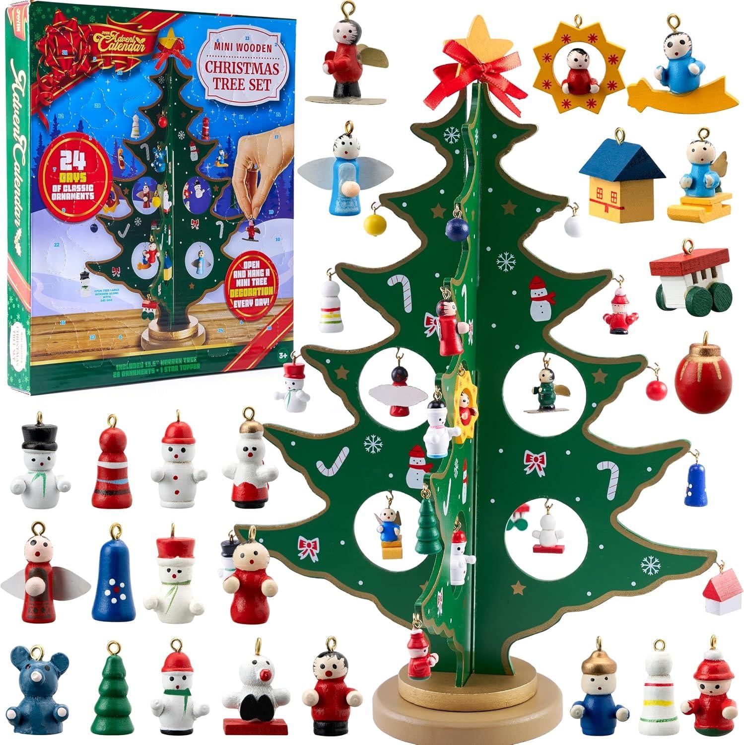 oCreon Adventskalender voor kinderen met houten kerstboom en 28 decoraties - Sneeuwpop en Kerstman
