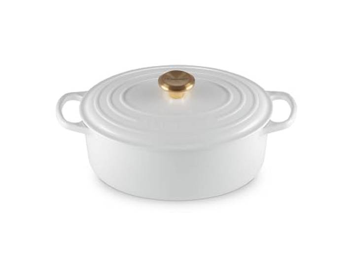 Le Creuset Signature Schmortopf aus emailliertem Gusseisen, oval, 29 Gld, Knauf, Weiß
