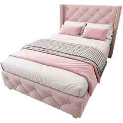 OKWISH Luxuriöses Samt-Polsterbett mit Knopf-Tufting, Nietenverzierungen und verstärkten Bettbeinen – Elegantes Design für maximalen Komfort Rosa