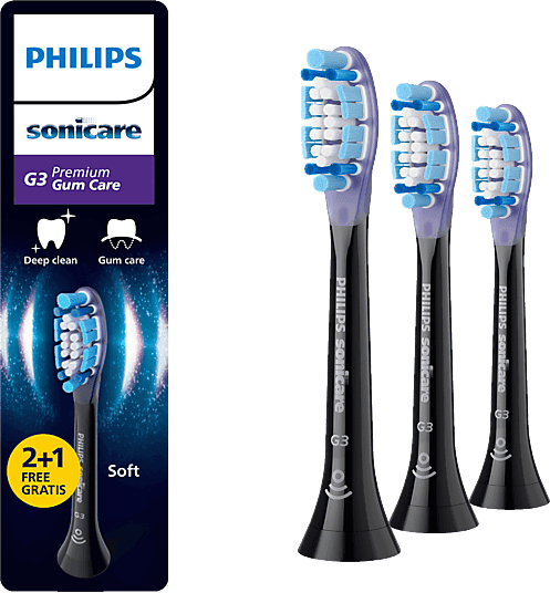 Recambio para cepillo dental Philips Sonicare HX9053/88, G3 Premium Gum Care, Pack 2+1, Cuidado Encías, Elimina Placa 10X, Suave, Negro