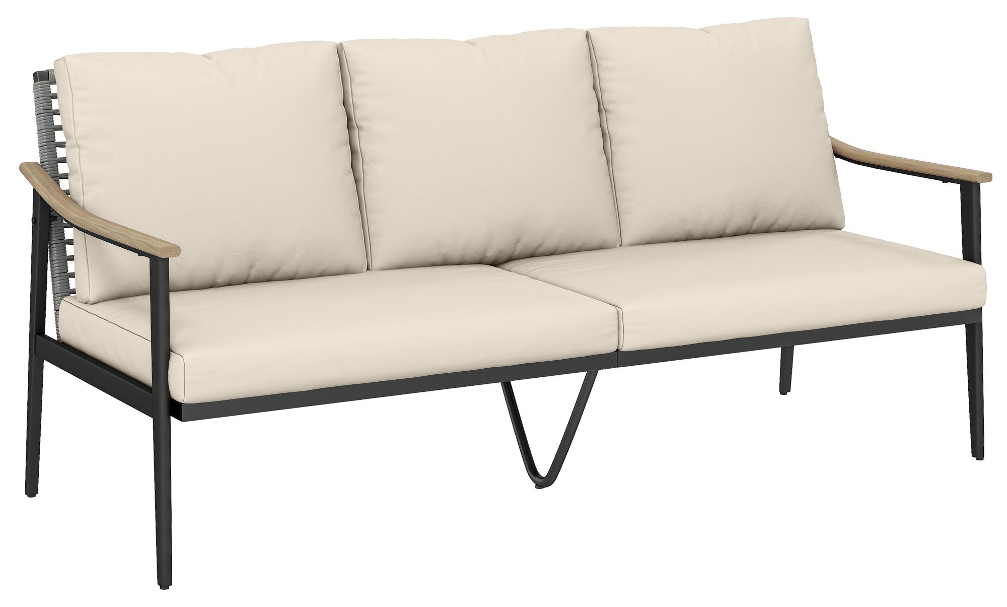 Dreisitziges Outdoor-Rattansofa mit Armlehnen und Rš¹ckenlehne in Holzoptik, fš¹r Veranda, Innenhof, Khaki