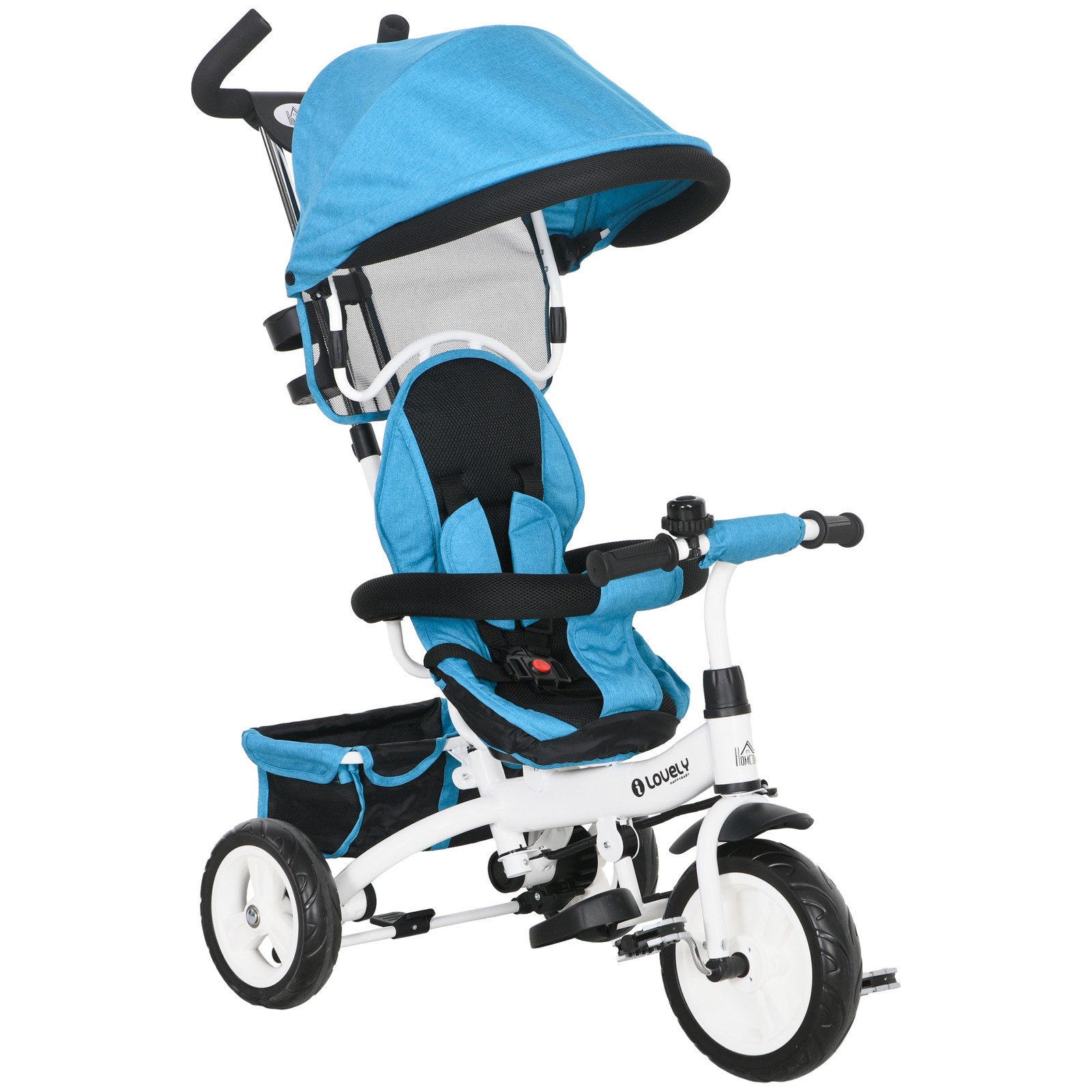HOMCOM 6-in-1 Kinderdriewieler met duwstang, zonnedak en opbergmand, blauw