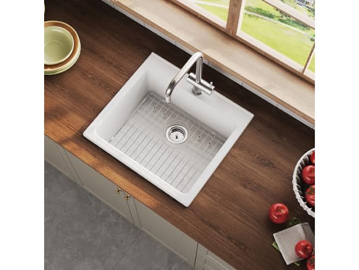 Küchenspüle 61 cm, Einzelbecken Bauernhaus Spüle, Drop-In Halterung, Schamott-Keramikbecken für Küche, Waschküche