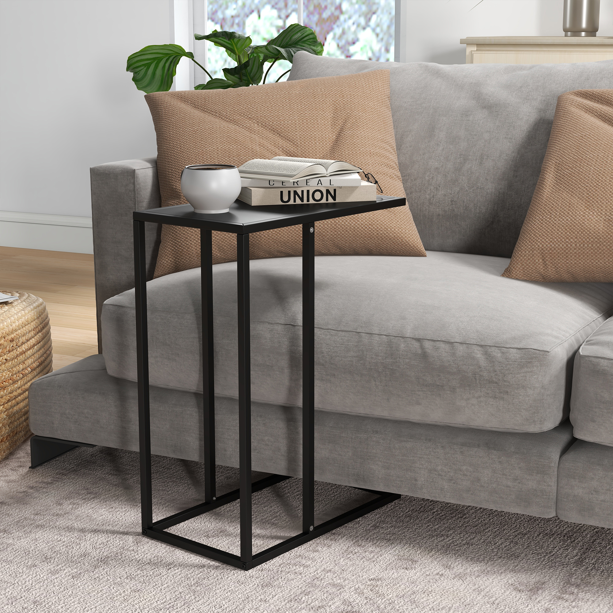Homcom Tavolino da Salotto Alto e Industriale a forma di C in Acciaio, 46x26x60 cm, Nero