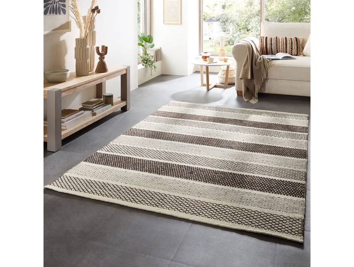 Wollteppich THEKO TRONDHEIM 03 , grau, B:160cm H:10mm L:230cm, Wolle, Teppiche, Wollteppich, Handweb Teppich, Flachgewebe, reine Wolle, handgewebt, gestreift